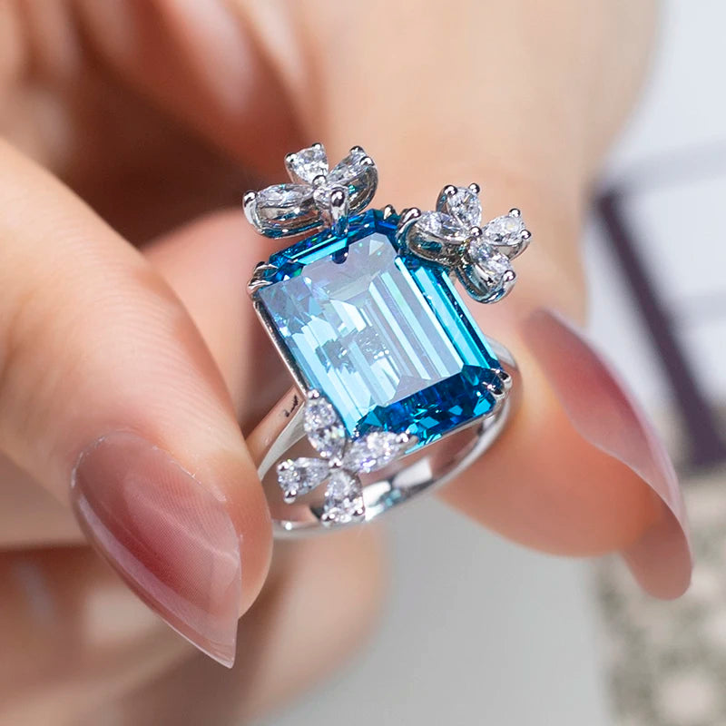 Messi Jewelry MSR-948 High Carbon Cubic Zircon Blue Diamond Ring Jewelry S925 Emerald Cut   Engagement Wedding Ring