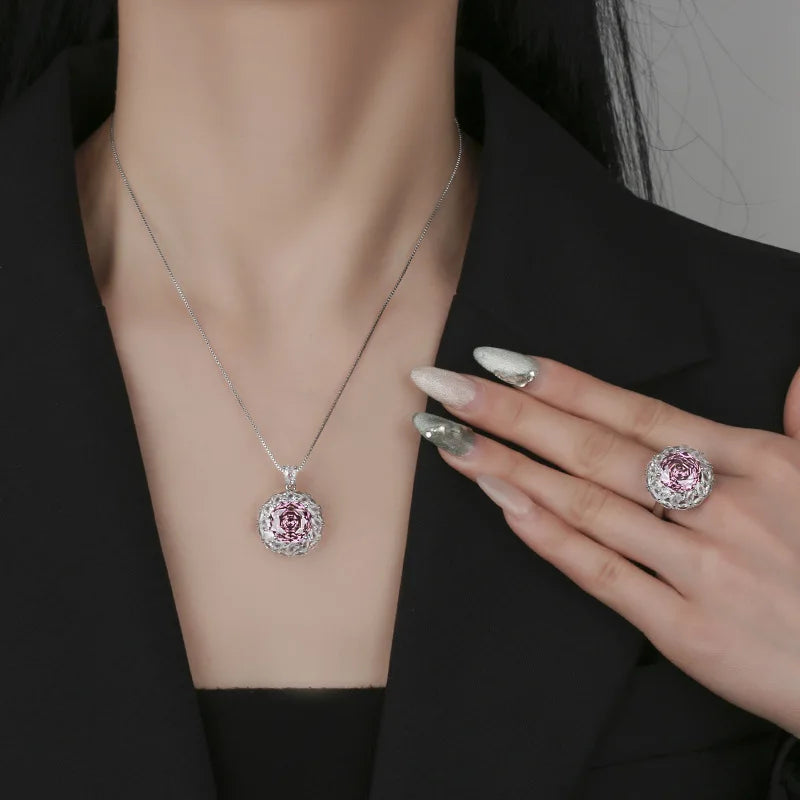 Gemfiori High Quality Luxury Jewelry Brass Gold Plated Millennium Cut Dried Rose Round Temperament Set Women