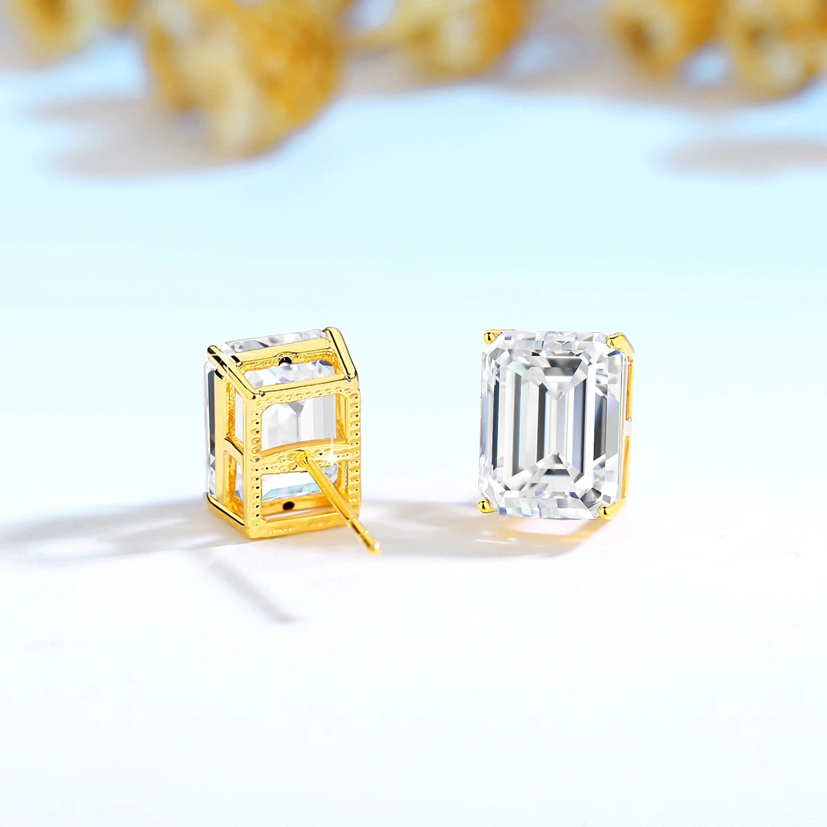 Gioiellieri Woman Fine Jewelry 4 Prong Design Real 14K Gold Hollow Luxury 1ct 2ct 3ct Emerald Cut Moissanite Stud Earrings