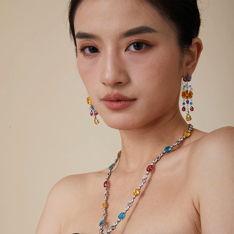 Dubai Fashion Brass Long Color Tassel Pendant Necklace with Earrings Jewelry Set Suitable for Weddings and Gifts