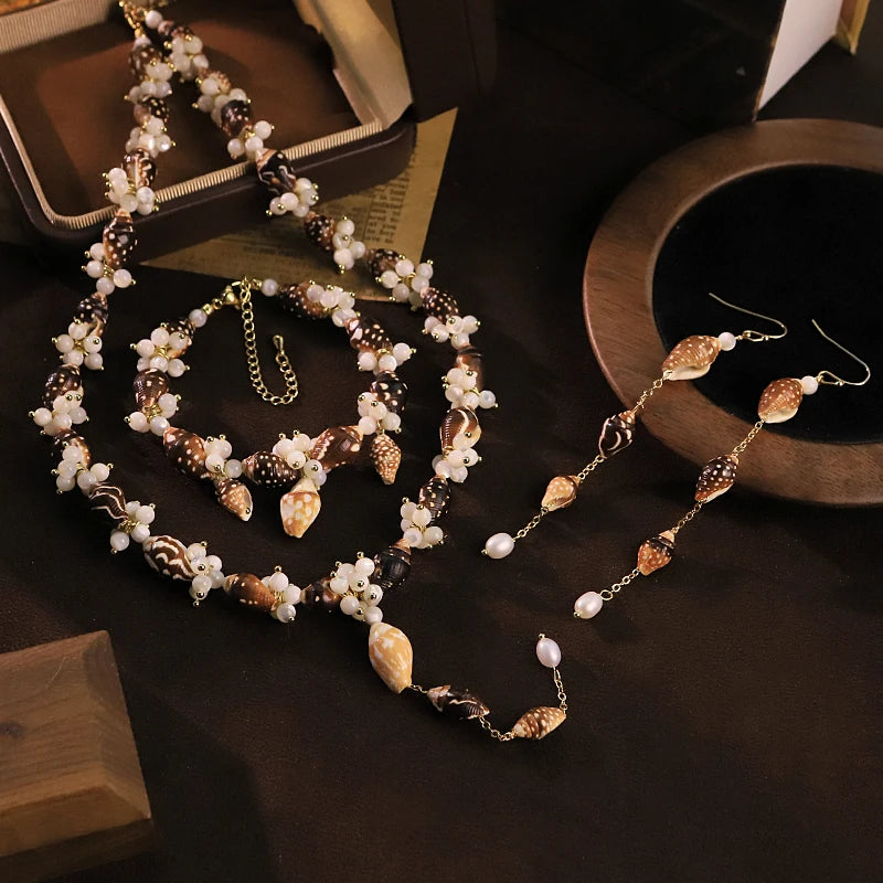 GLSEEVO Natural Freshwater Pearl & Seashell Beaded 3-Piece Jewellery Set — Necklace, Bracelet & Earrings