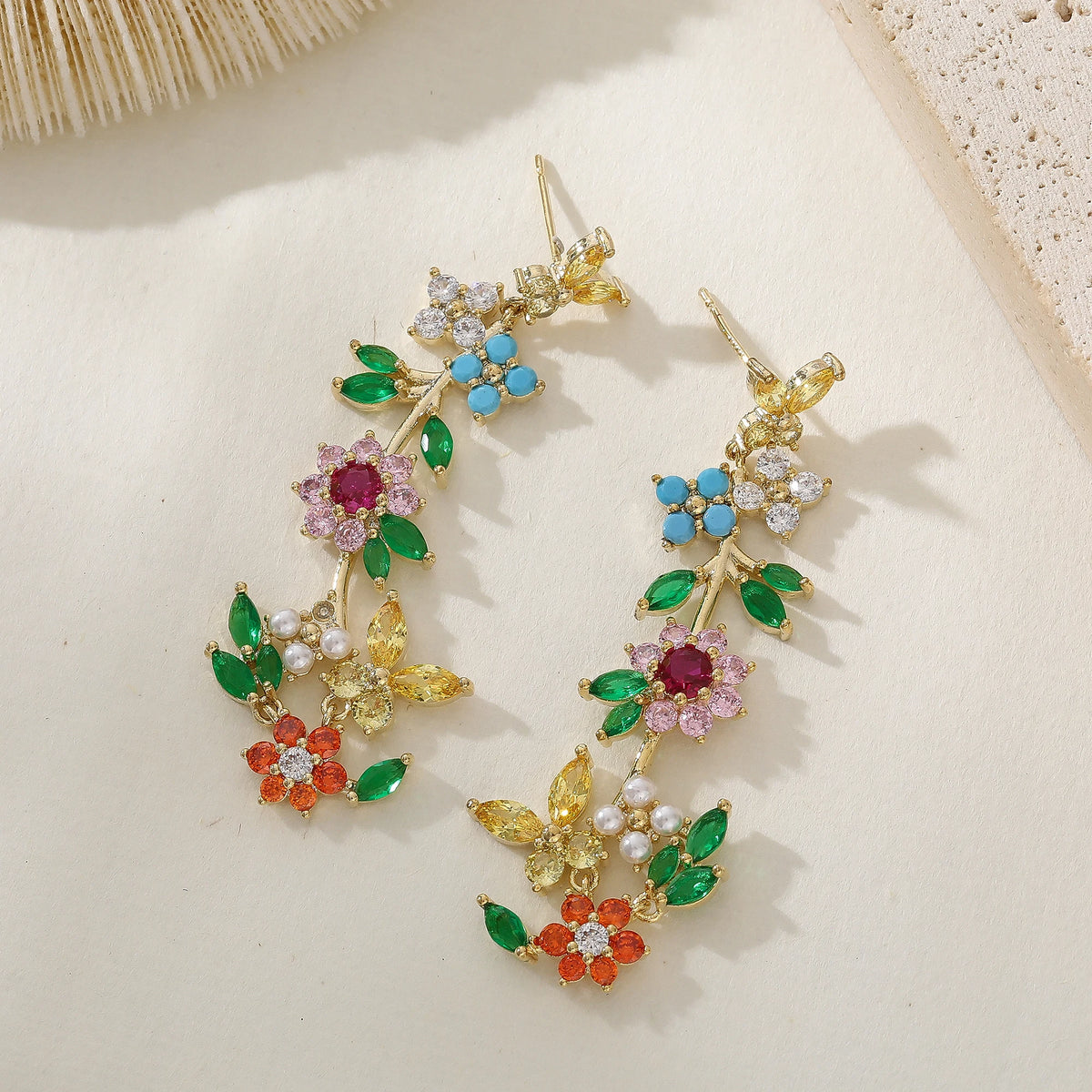 Luxury Women's Multicolor Zircon Flower Statement Earrings Unique Design Pendant Brass Jewelry for Parties