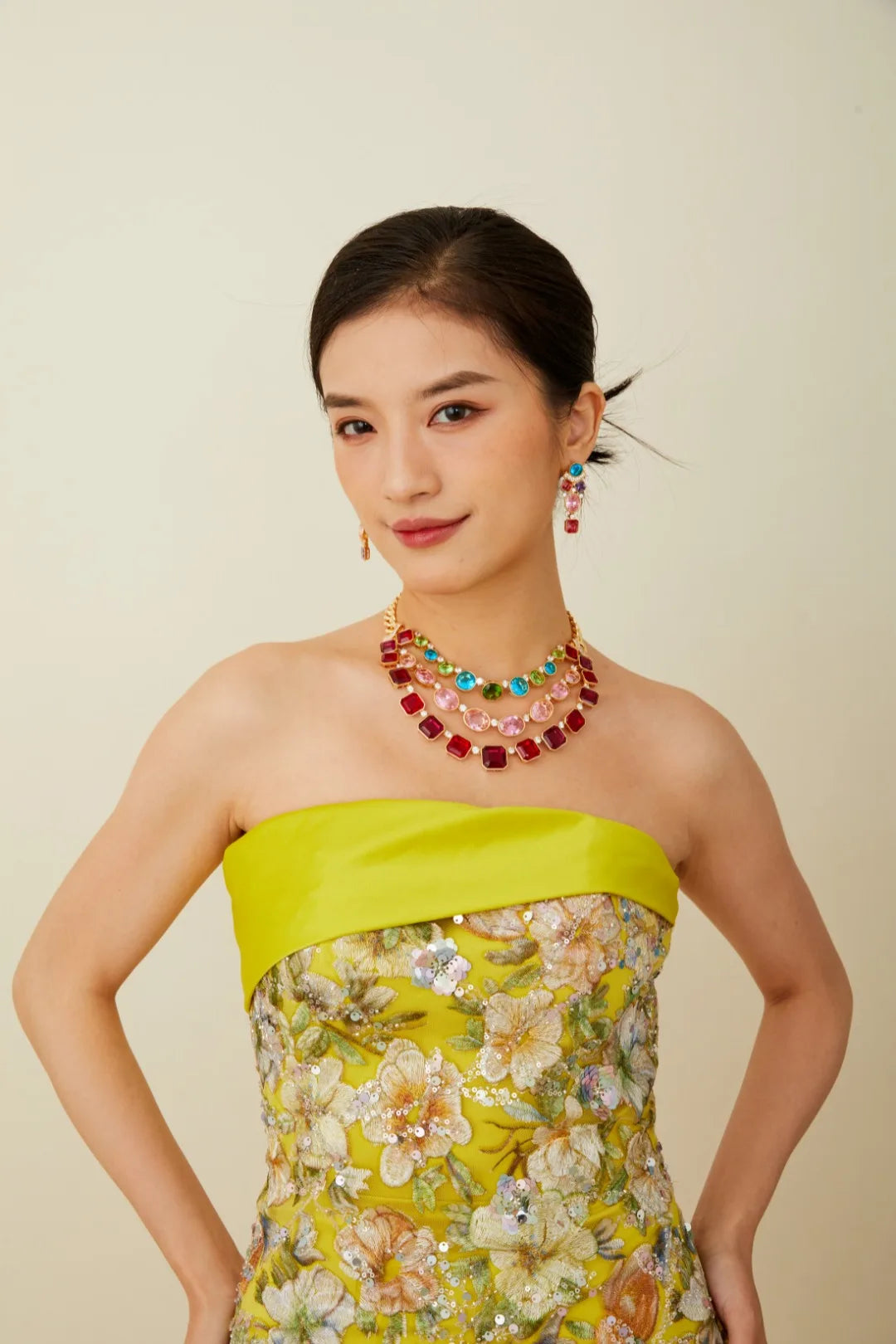 Luxury Asscher-Cut Zirconia Bezel-Set Colourful Floral Choker Necklace & Earrings Bridal Set — Gold Plated