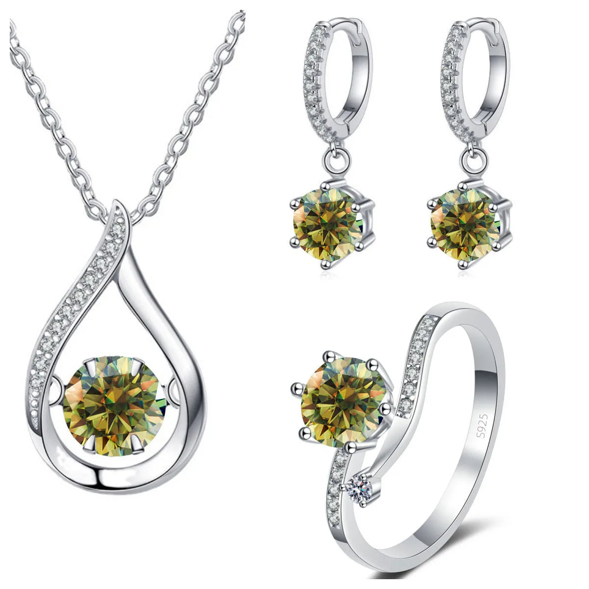 S&S 925 Silver 1CT VVS Moissanite Jewellery Set | Water Drop Necklace, Earrings & Ring | 20 Colours
