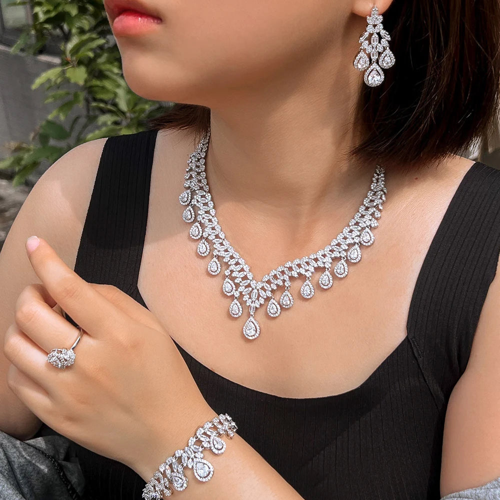 4pcs Cubic Zirconia Big Tassel Necklace Earrings Bracelet and Ring Luxury Wedding Bridal Jewelry Set for Women