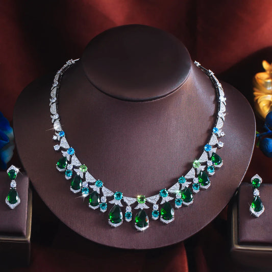 Trendy CZ Jewelry Set Light Blue Round Green Drop Zirconia Tennis Necklace Earrings Jewelry Set for Women Lady Valentine's Gift