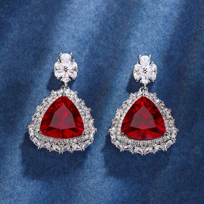 Gemfiori European and American Retro Palace Style Pomegranate Red Zircon Triangular Pendant Ring Earring Fashionable Accessory Set
