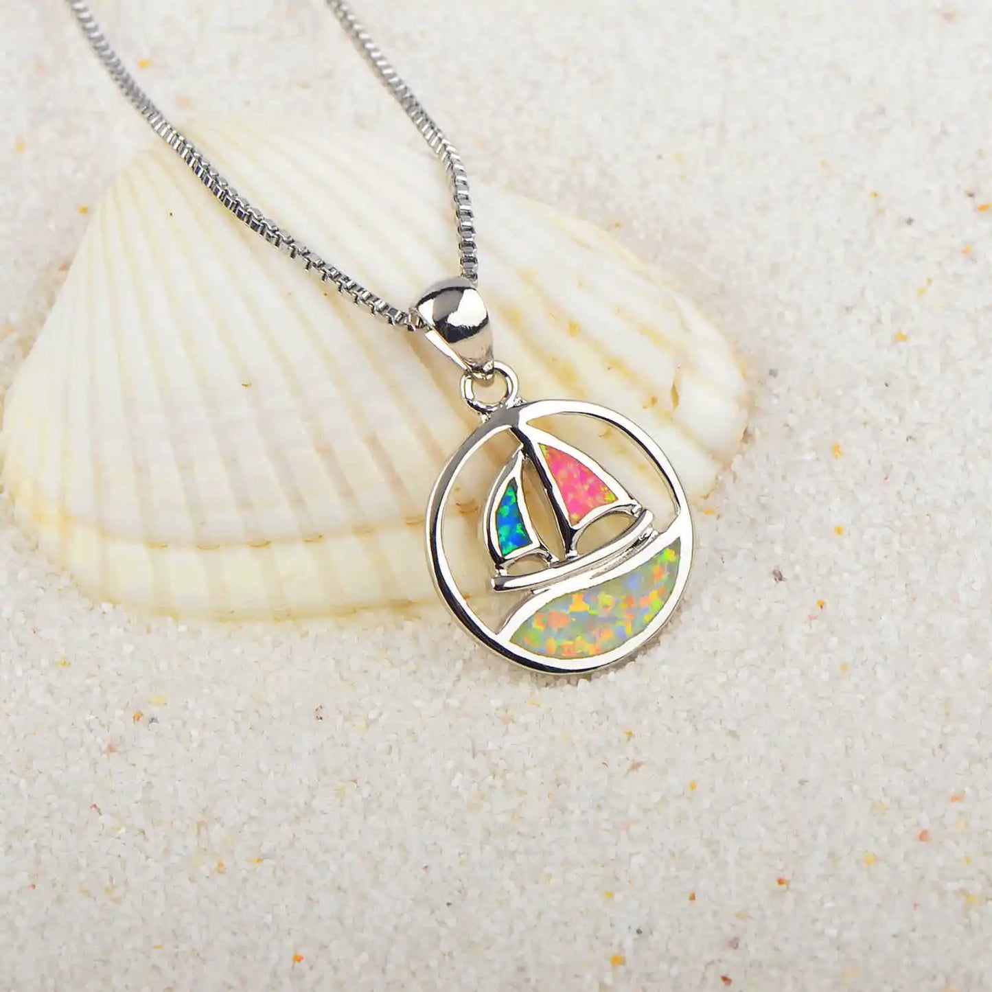 Aobao New Style Blue Opal Sailboat Necklace, Small Boat Pendant Sweater Chain, Opal Necklace