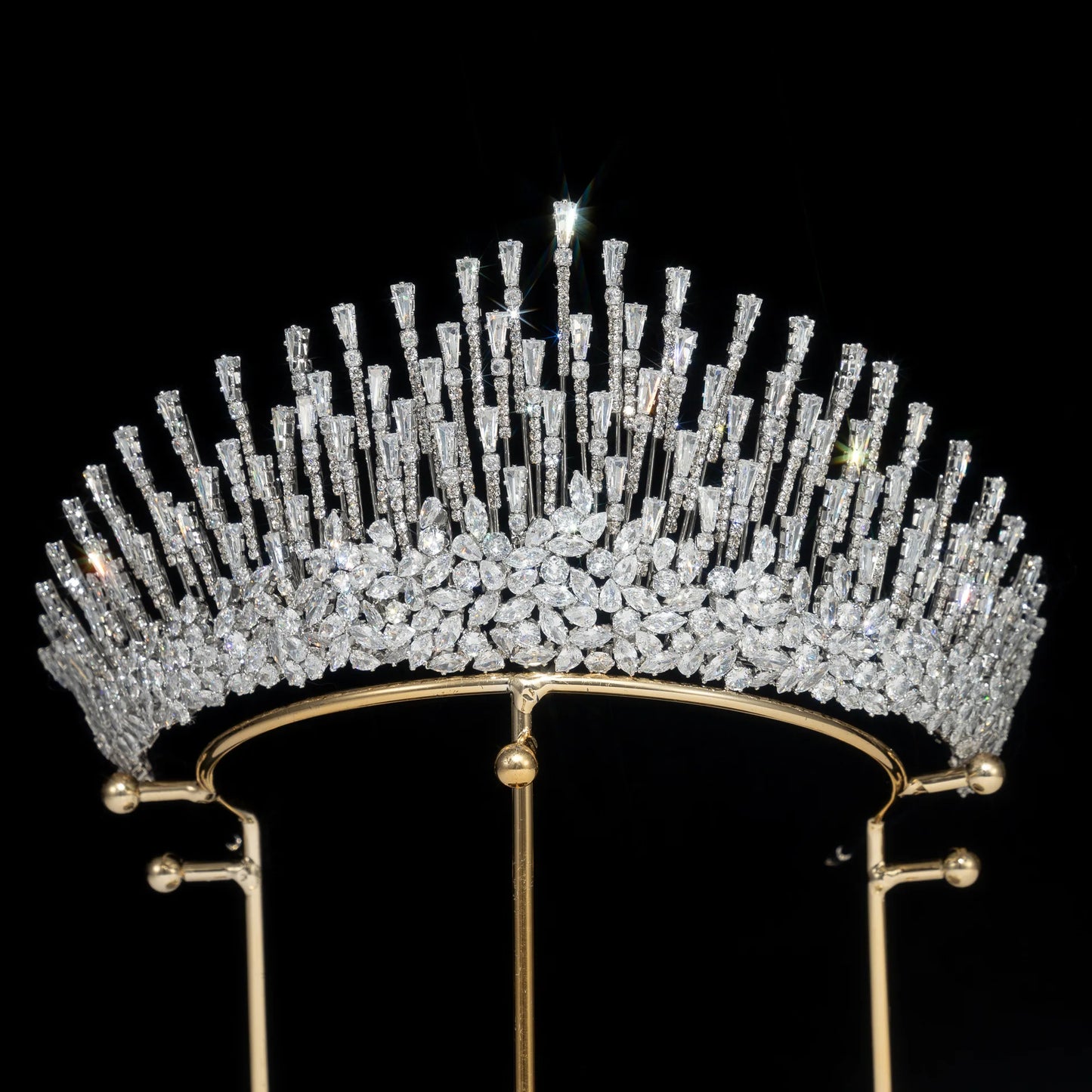 Modern Sunburst Spiked Crystal Tiara for Women Luxury Fringed Zircon Bridal Crown for Wedding Peaked Pageant Crown Tiara