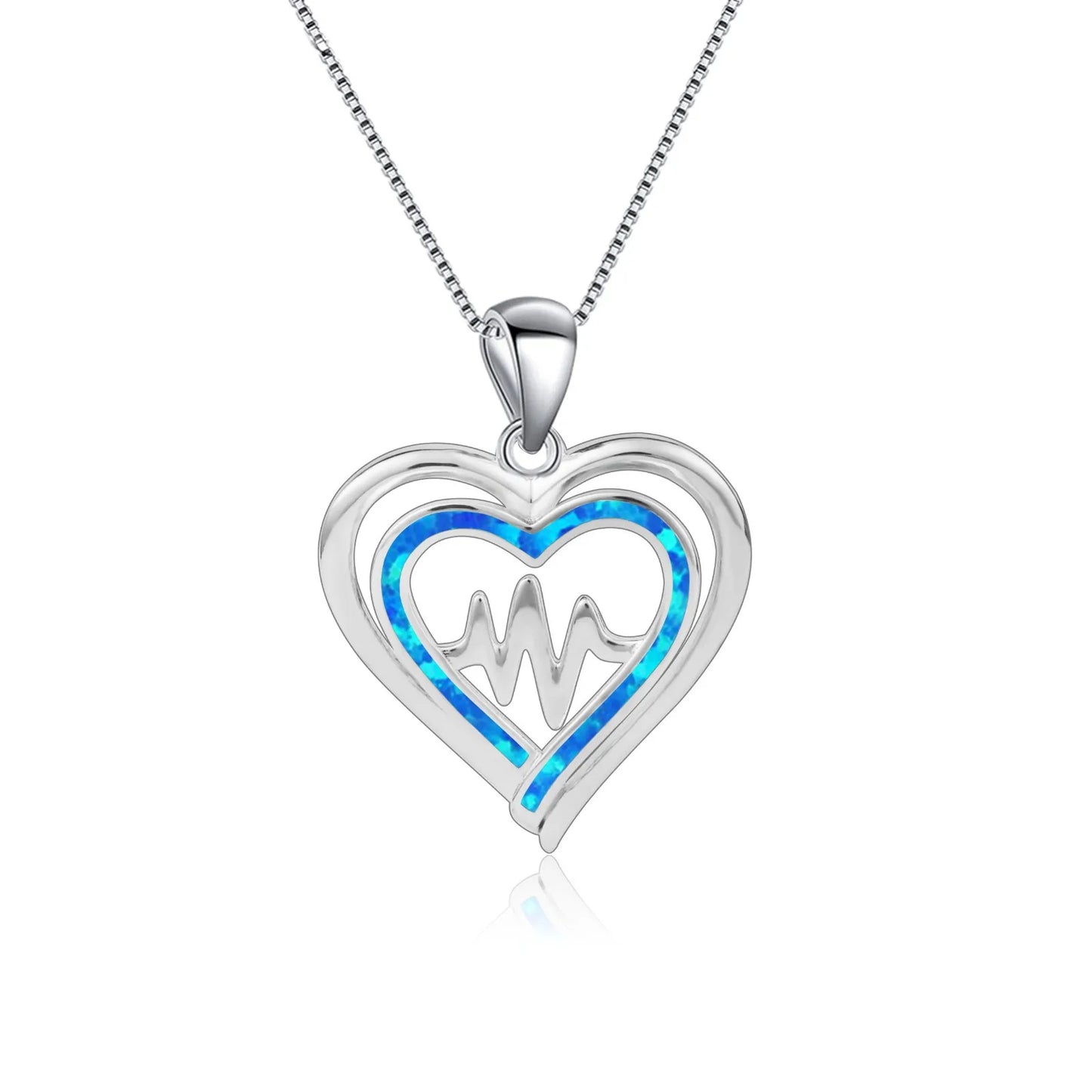 Aobao Copper Blue Opal Heart Silver Plated Link Chain Christian Nurse ECG Pendant Women's Delicate Jewelry Gift Wholesale