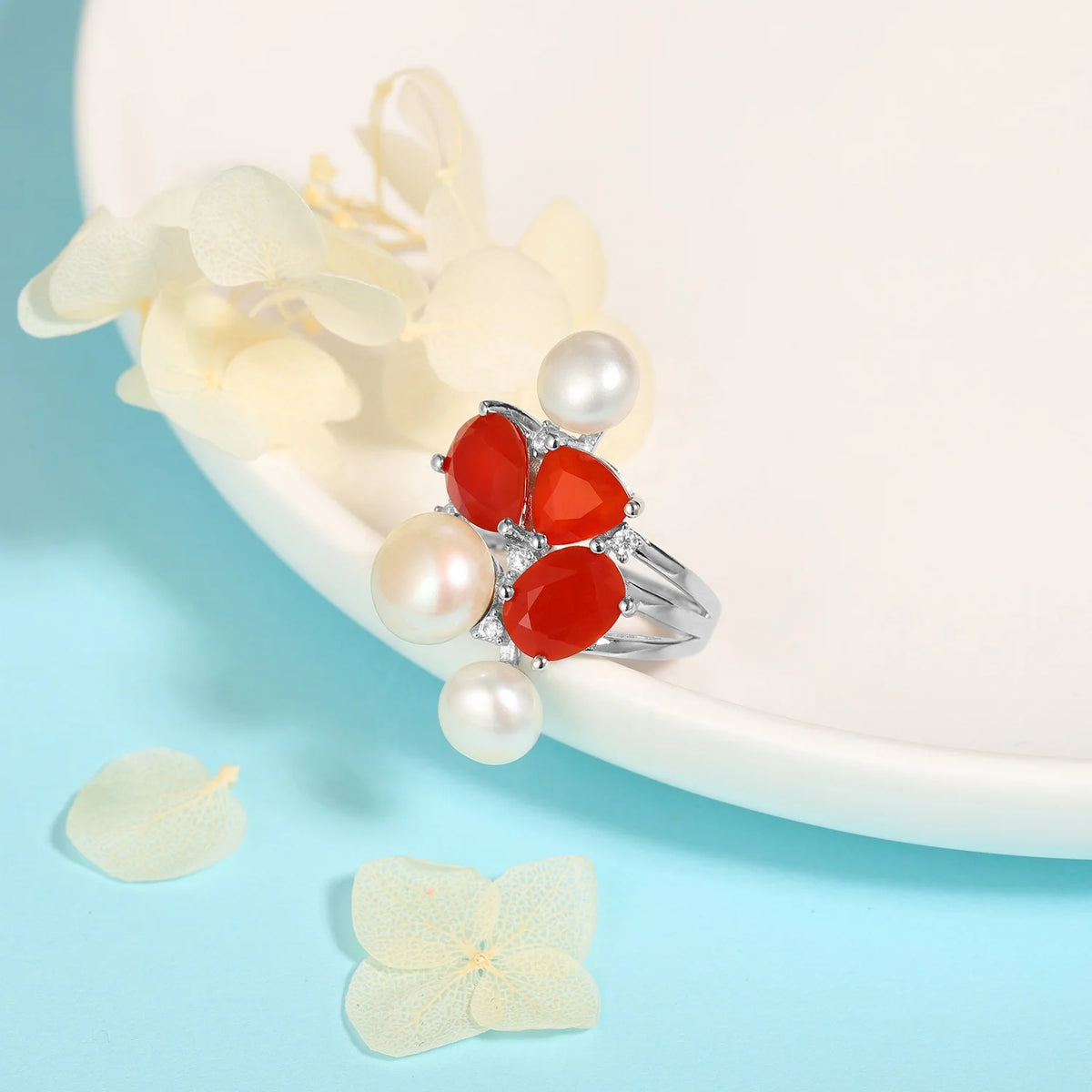 ArtistA Abiding Price Natural Red Agate Freshwater White Pearl Solid 925 Silver Adjustable Ring Pendant Earrings Jewelry Set