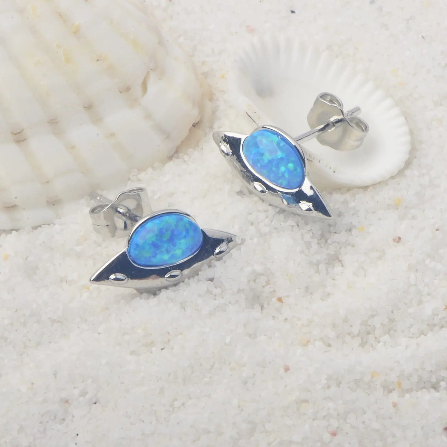 Tiktok Hot Sale Opal Stud Earrings Cute UFO Blue Opal Earrings for Girls Fashion Jewelry