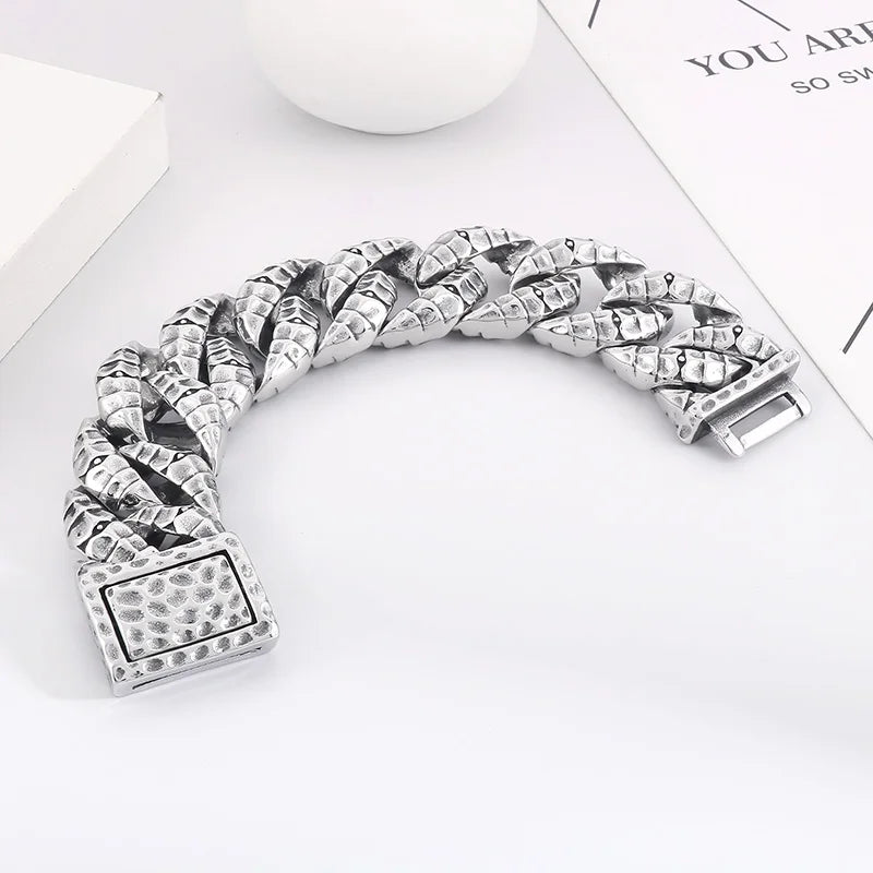 REBEL 235mm Men Punk Stainless Steel Snake Scales Pattern Cuban Link Bracelet