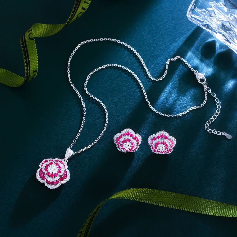 Elegant Flower Pendant Wedding Luxury Necklace and Earrings Full Zirconia Bridal Big Red Flower Shape Jewelry Set for Women