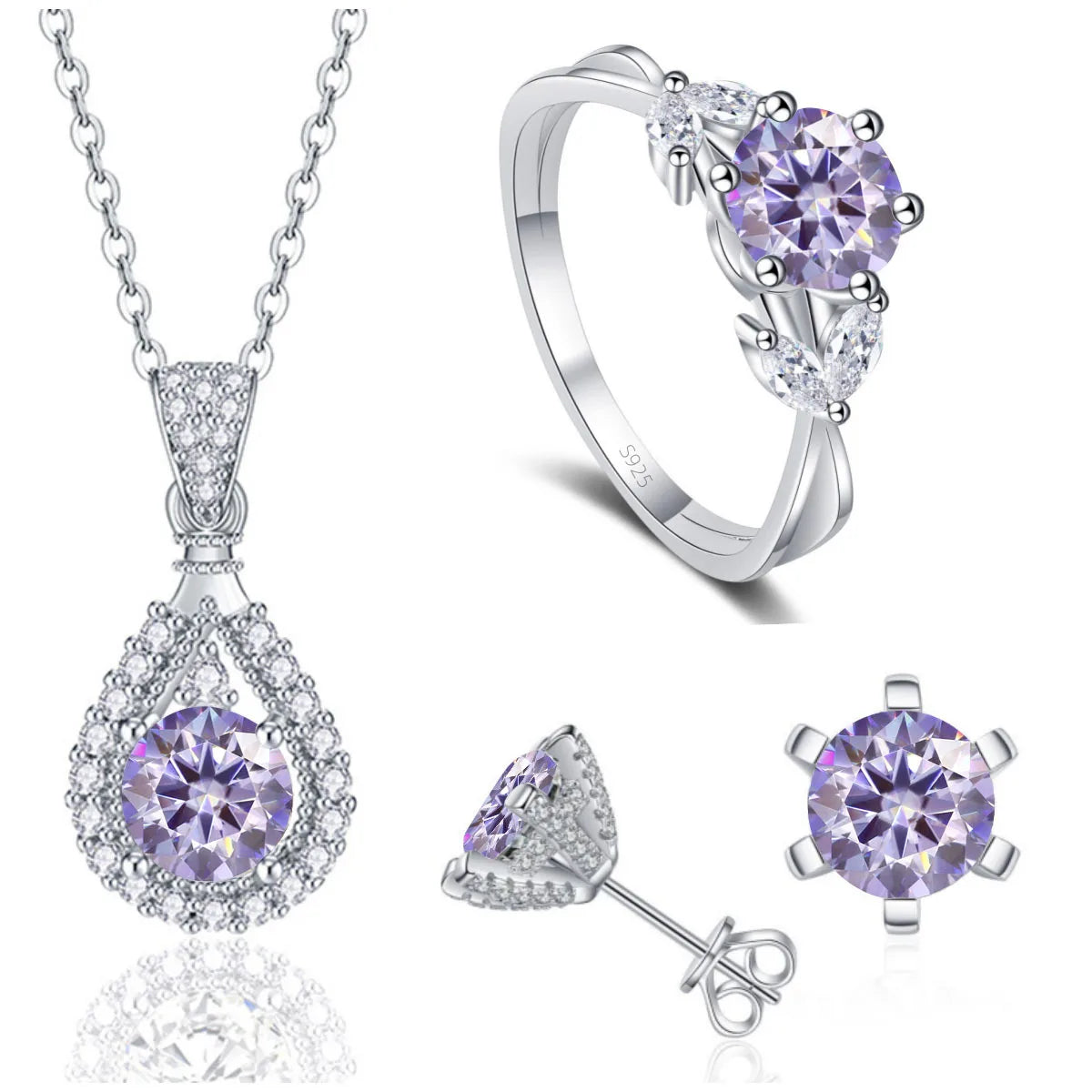 REDheart Fine 925 Sterling Silver Women's Wedding Bridal Jewellery Set Round Cut VVS Colored Moissanite Rings Necklace and Earrings Set