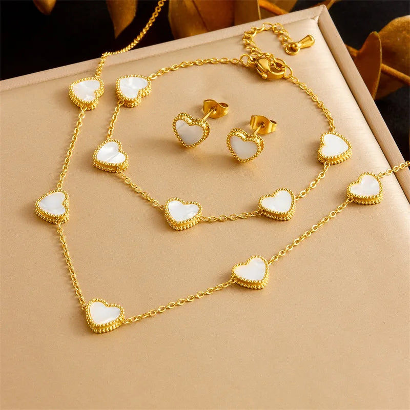 Gold White Heart Necklace, Earrings & Bracelet Jewellery Set | Pure Romance Fashion Set