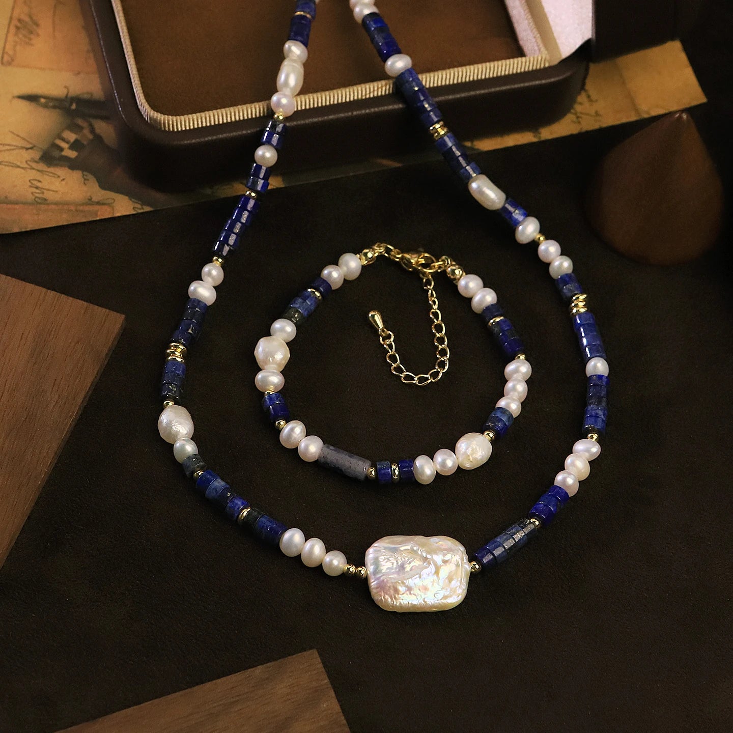 GLSEEVO Natural Freshwater Baroque Pearl & Lapis Lazuli Necklace & Bracelet Set — Bold Statement Jewellery
