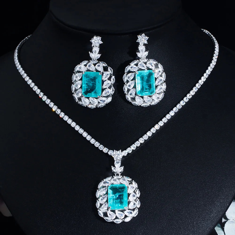 Silver Plated Green Princess Cut Cubic Zirconia Drop Necklace and Earring Jewelry Set for Women Bridal Engagement Luxury Costume