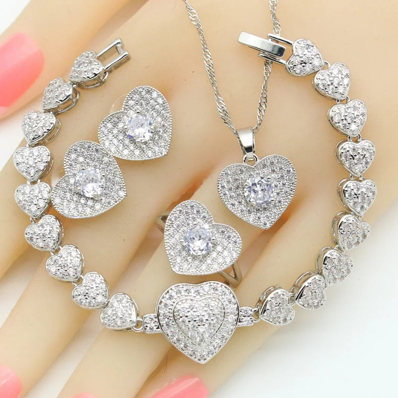 XOTICA Women's Silver Color Wedding Sets White Zirconia Heart-Shape Pendant Necklace Stud Earrings Rings for Parties Engagements