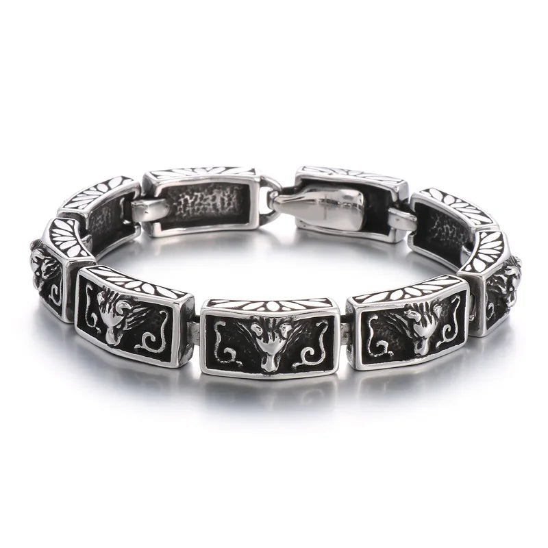 KALEN 215mm Men Punk Stainless Steel Rectangular Links Bracelet With Wolf Head Patterns
