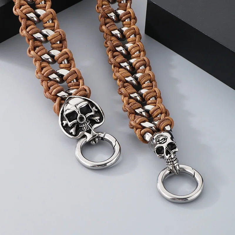 KALEN Punk Fine Jewelry Fashion Bracelets Men Stainless Steel Micro Fiber Leather Skull Links Bracelet Bangle