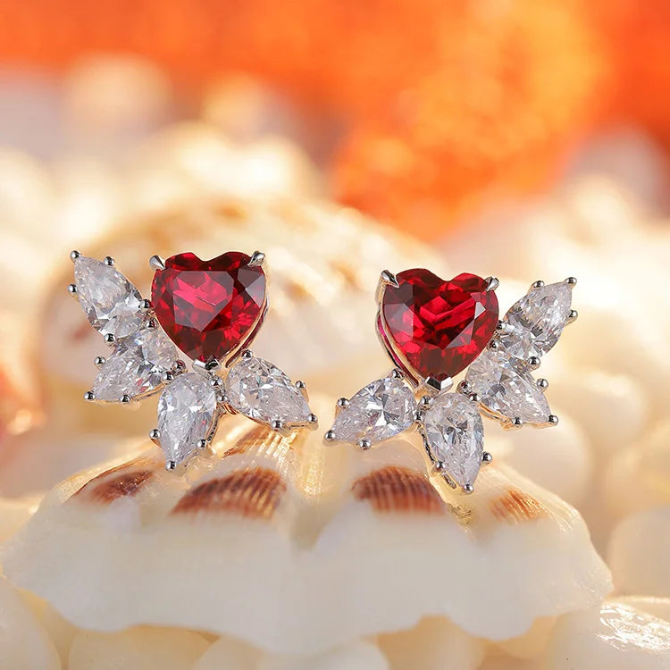 Gemfiori Vintage Heart Statement Earrings Studs Lab Grown Ruby Sterling Silver 925 Set for Women Christmas Gift