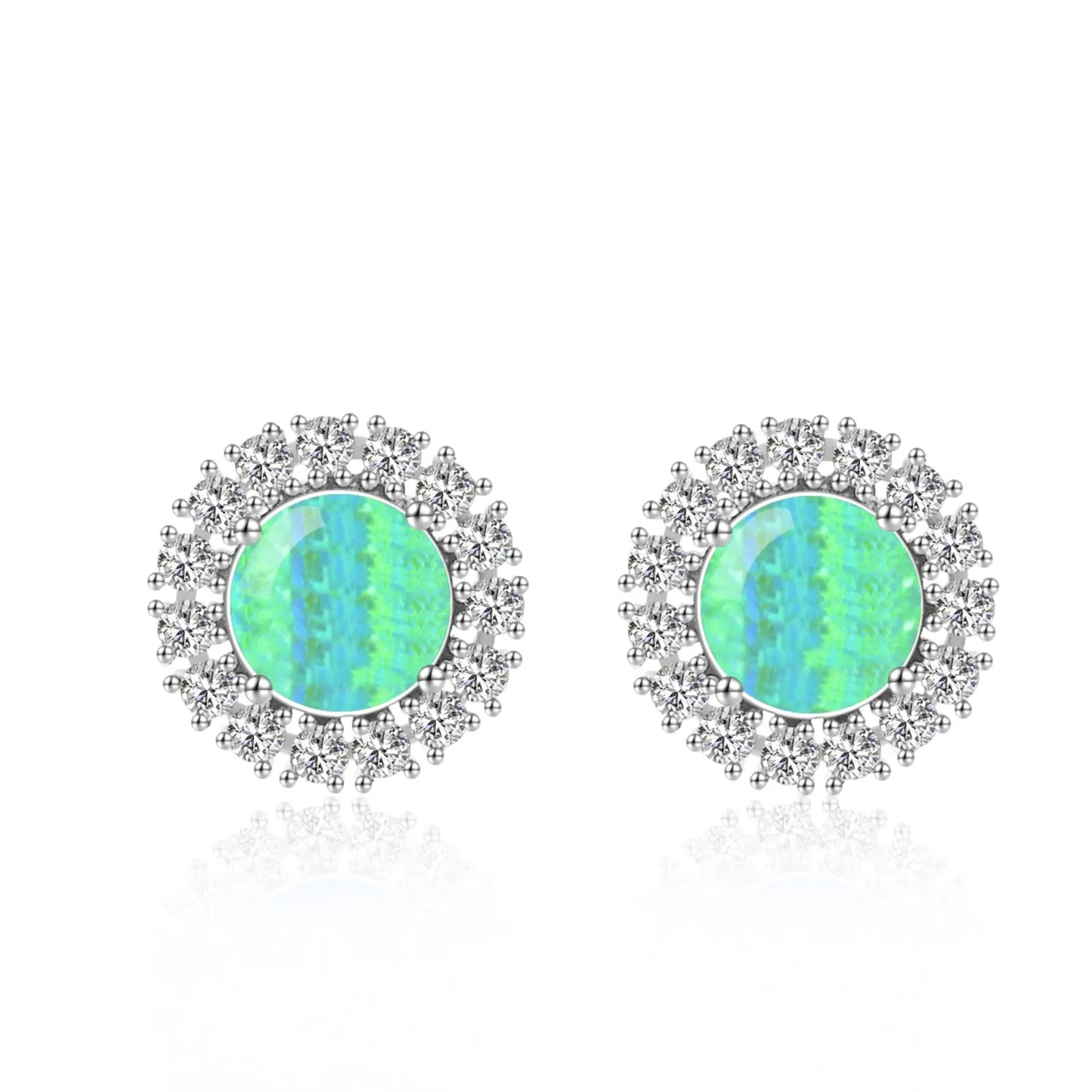 Shimmering Blue Opal Circle Earrings Aobao Surround Silver Tone Dainty Jewelry