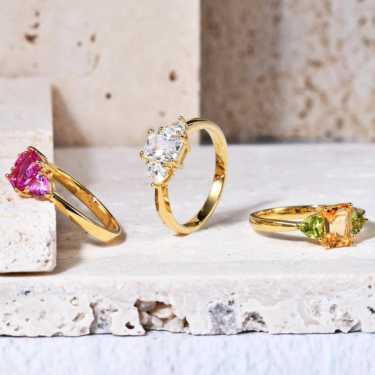 Gemfiori Abiding Delicate Women Jewelry Three Stone 925 Sterling Silver Citrine Cz Lab Pink Sapphire Yellow God Plated Engagement Ring