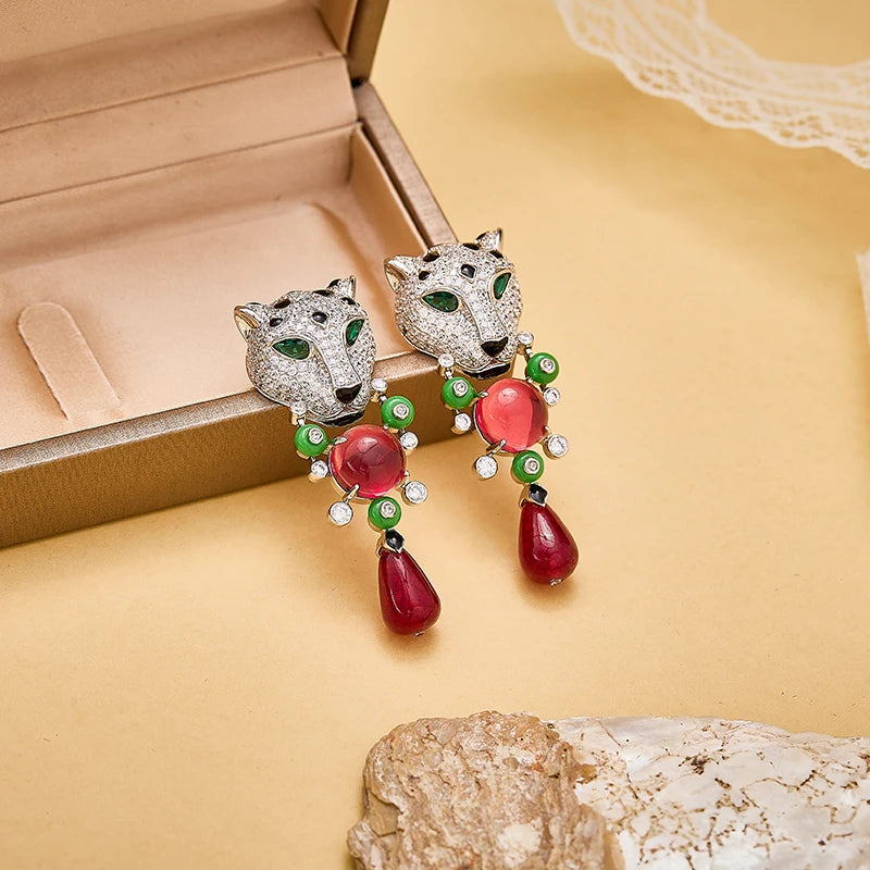 Leopard Print Enamel & Zircon Bead Necklace & Earrings Set