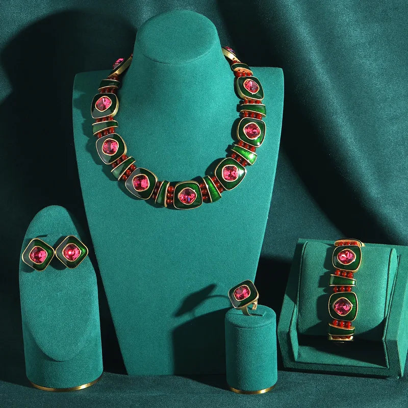 Vintage Arabic-Style Cushion-Cut Crystal & Rhinestone 4-Piece Jewellery Set — Gold Plated