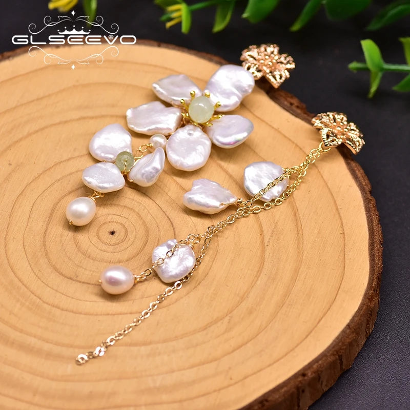 Natural Fresh Water Pearl Asymmetric Drop Earrings for Women Flower Long Tassel Statement Earrings