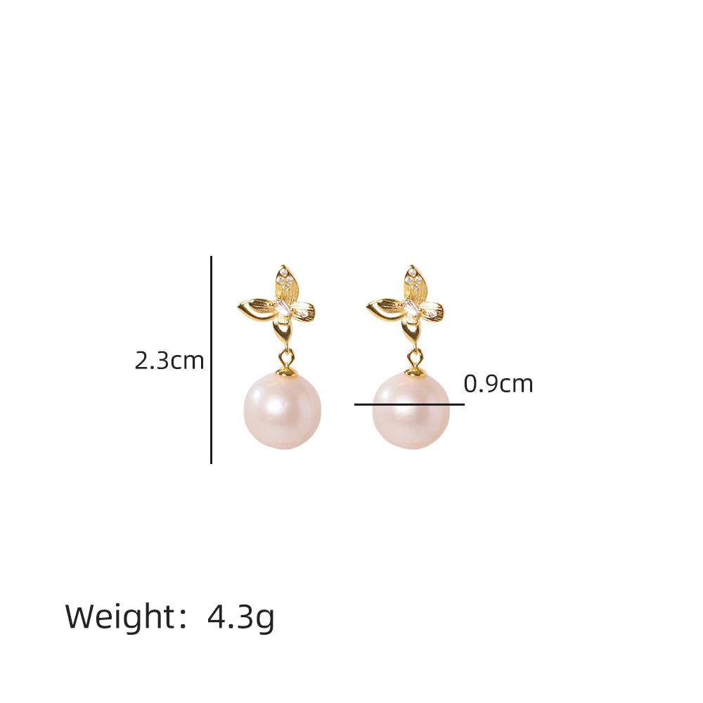 Natural Round Pearl 925 Silver Inlaid with Zircon butterfly Earrings for Women Korean Classic Vintage Fashion Jewelry Earrings