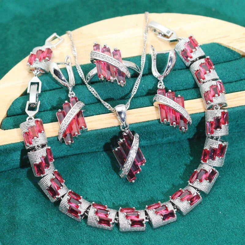 XOTICA Red Zircon Silver Color Wedding Jewelry Set for Women Bracelet Earrings Necklace Pendant Ring for Parties Engagements Birthday