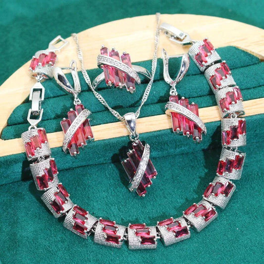 Red Zircon Silver Color Wedding Jewelry Set for Women Bracelet Earrings Necklace Pendant Ring for Parties Engagements Birthday