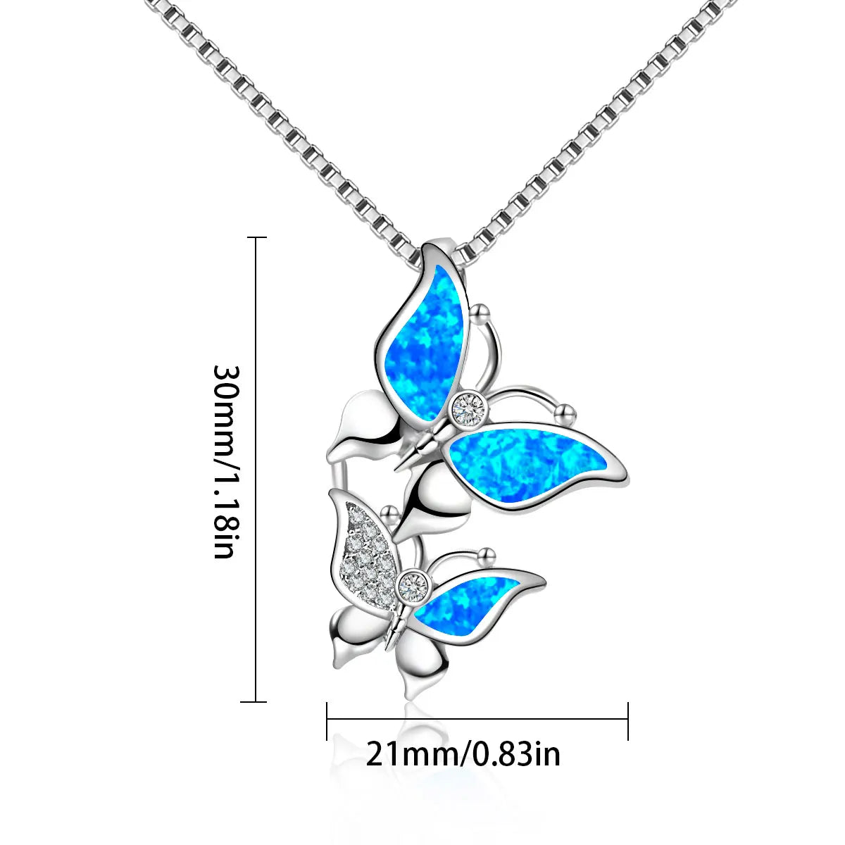 Fashion Double Butterfly Christian Lariat Necklace with Blue Opal Inlay Box Chain Silver Plated Copper for Women