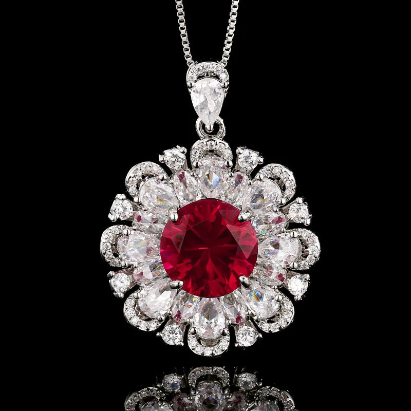 Gemfiori Bridal Wedding Luxury Ruby Flower Set with Zircon Exquisite Jewelry Wedding Necklace Earrings Three Piece Set