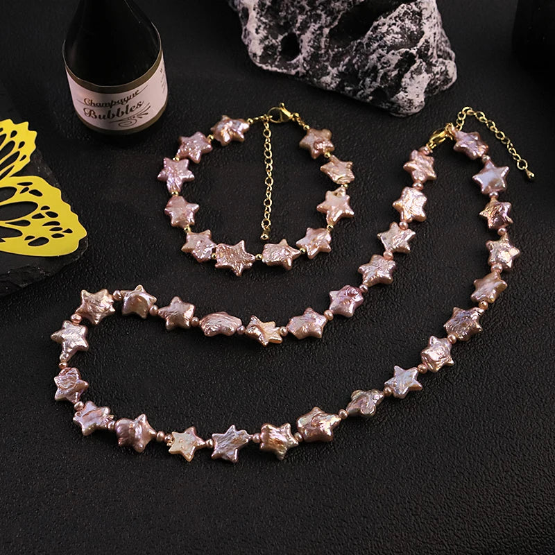 GLSEEVO Natural Purple Star Shaped Baroque Pearl Jewelry Set for Mother's Day Gift Pearl Necklace Bracelet Set Fashion Jewelry