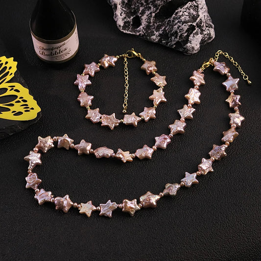 GLSEEVO Natural Purple Star Shaped Baroque Pearl Jewelry Set for Mother's Day Gift Pearl Necklace Bracelet Set Fashion Jewelry
