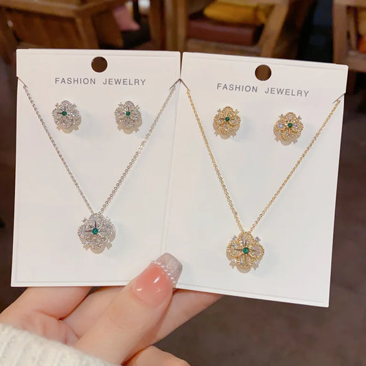 Top Quality  Fashion Exquisite Flower Necklace and Earrings Set with Zircon Classic Real Gold Plated Jewelry Set for Women