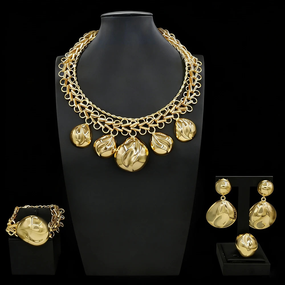Luxury Brazilian Gold Jewelry Set Necklace Bracelet Earrings Ring Four-Piece Sets Leaves Water Droplets Wedding Jewellery Set
