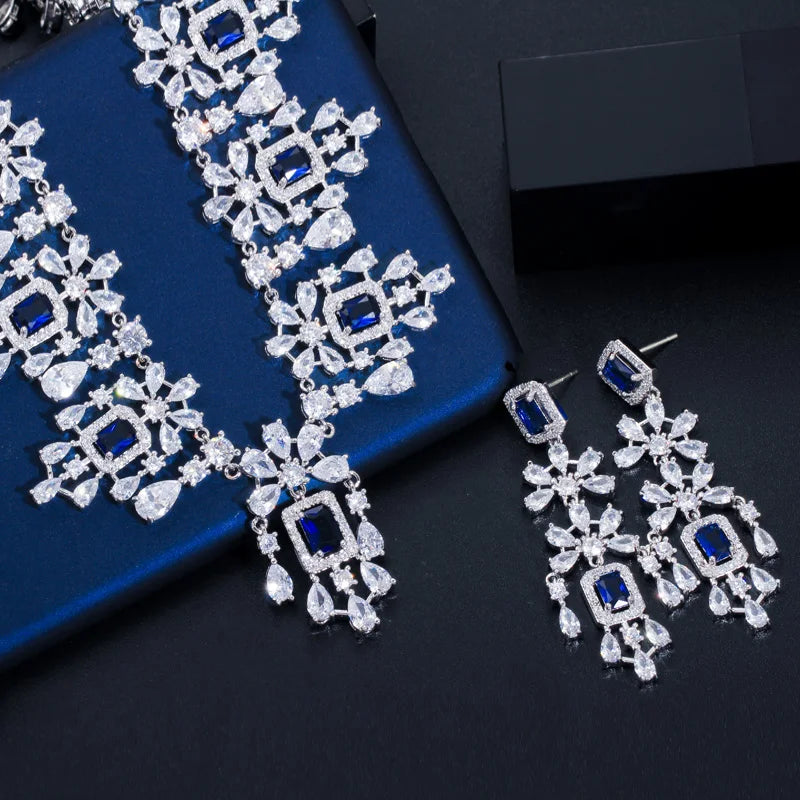 Luxury Green Cubic Zirconia Women Wedding Party Bride Necklace Earrings Jewelry Sets Bridal Dress Accessories