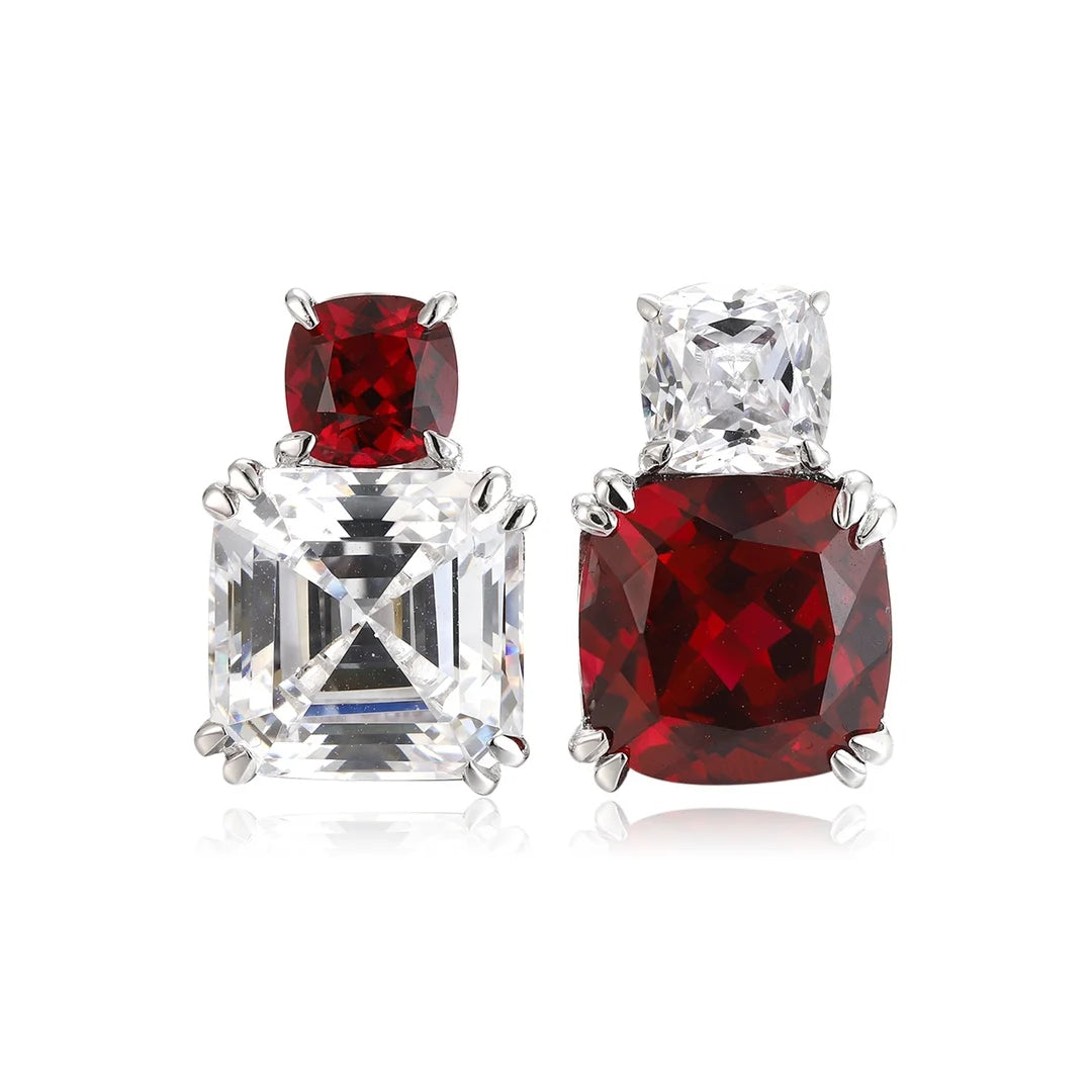 Gemfiori High Quality S925 Silver Lab Grown Ruby Cushion Cut Earring Stud Dainty Gemstone Stud Earrings for Women Daily Wear Gift