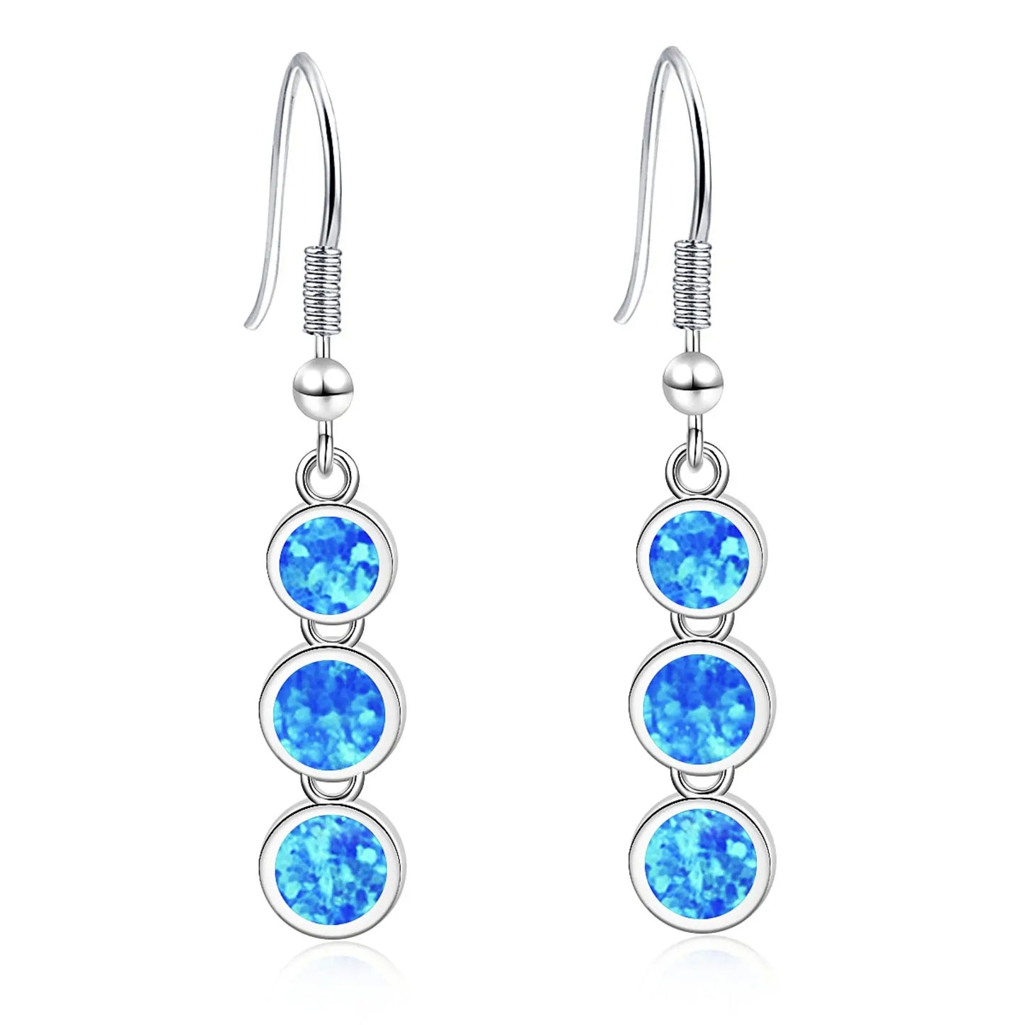 Dainty Layered Blue Opal Earrings - Handcrafted Silver Plated Long Circle Dangle Jewelry Bulk
