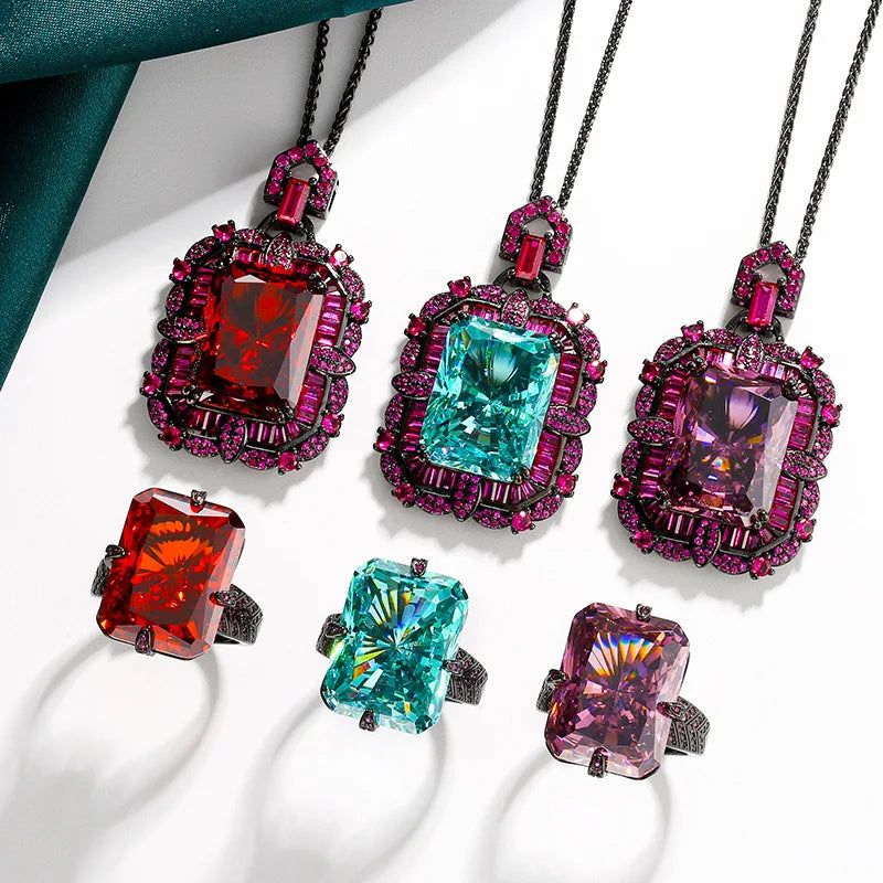 Gemfiori Jewelry Set Women's Retro Style Set Necklace Ring Copper Gold Plated Square Cutting 15 * 20 Wedding Party Zircon