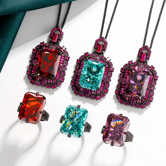 Gemfiori Jewelry Set Women's Retro Style Set Necklace Ring Copper Gold Plated Square Cutting 15 * 20 Wedding Party Zircon
