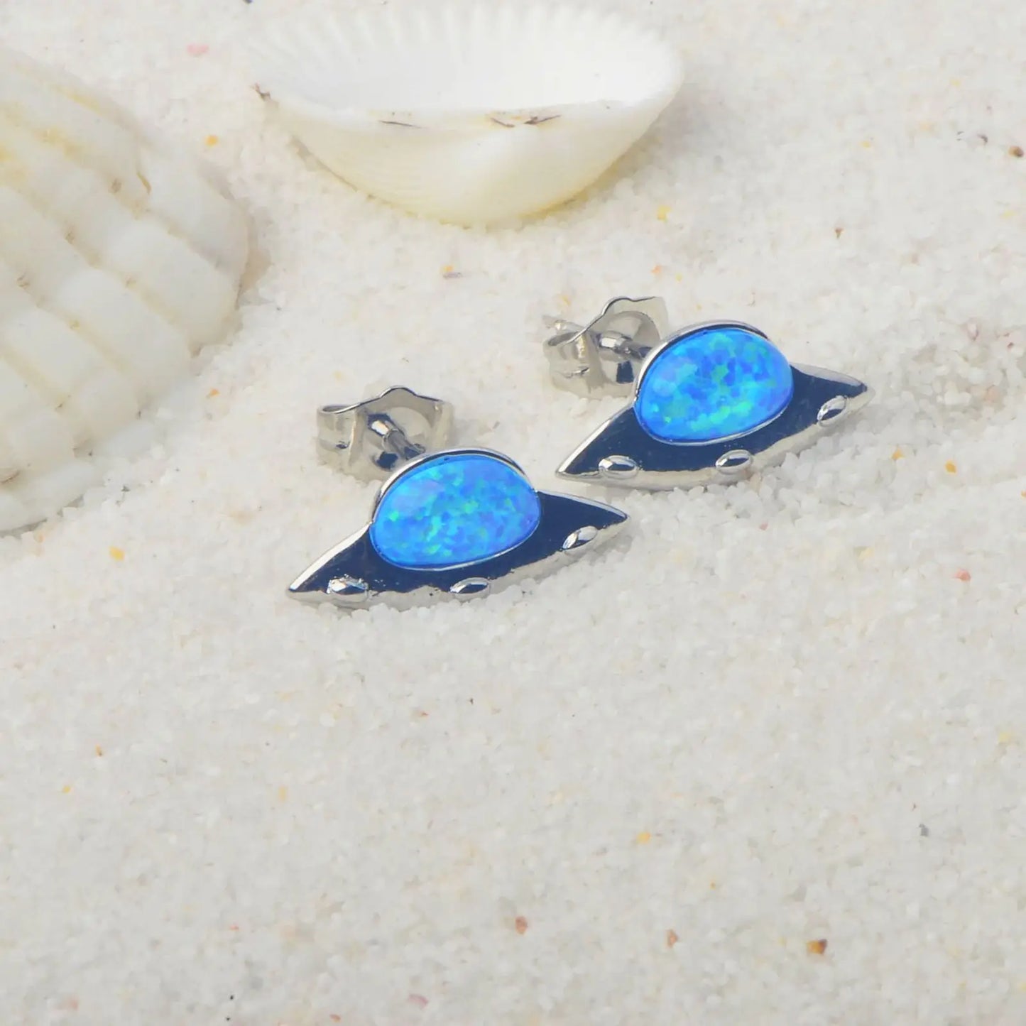 Tiktok Hot Sale Opal Stud Earrings Cute UFO Blue Opal Earrings for Girls Fashion Jewelry