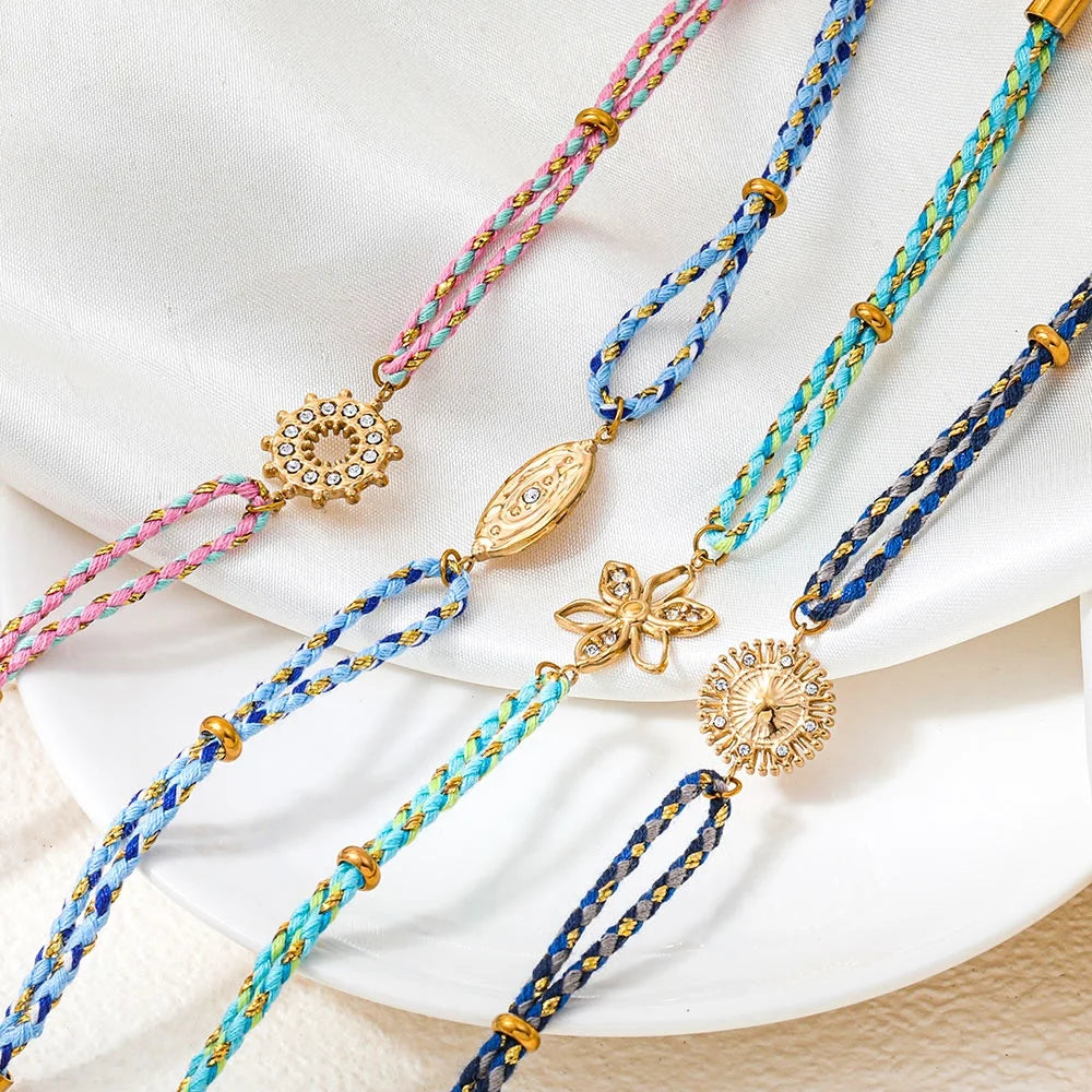 Joolim High End Gold Plated Waterproof Boho Woven Rope Sunburst Zirconia Pendant Stainless Steel Bracelet Wholesale Jewelry
