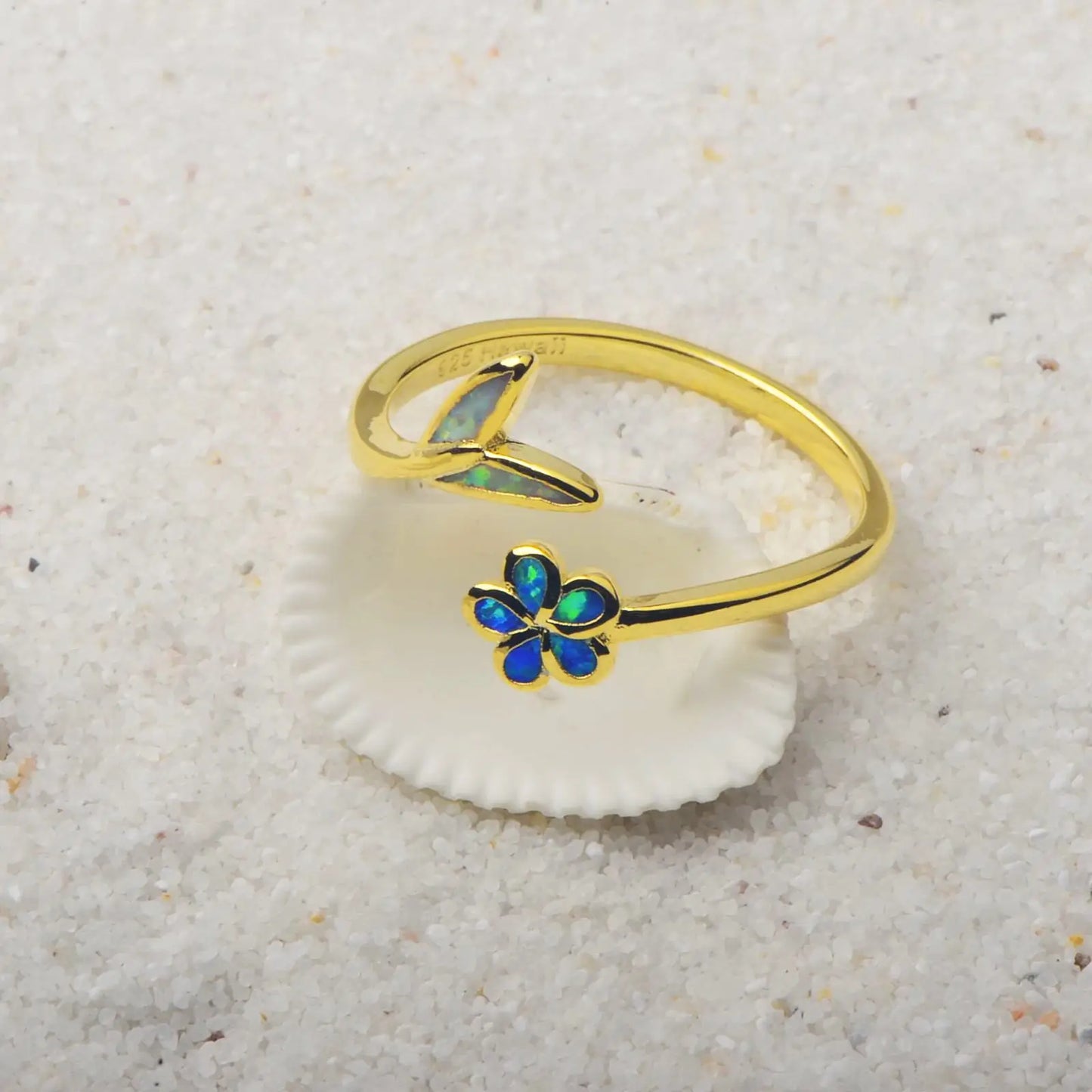Floral & Leaf Open Ring | Blue/Iridescent Opal Inlay Gold-Plated Band | Dainty Nature-Inspired Fashion Jewelry for Women