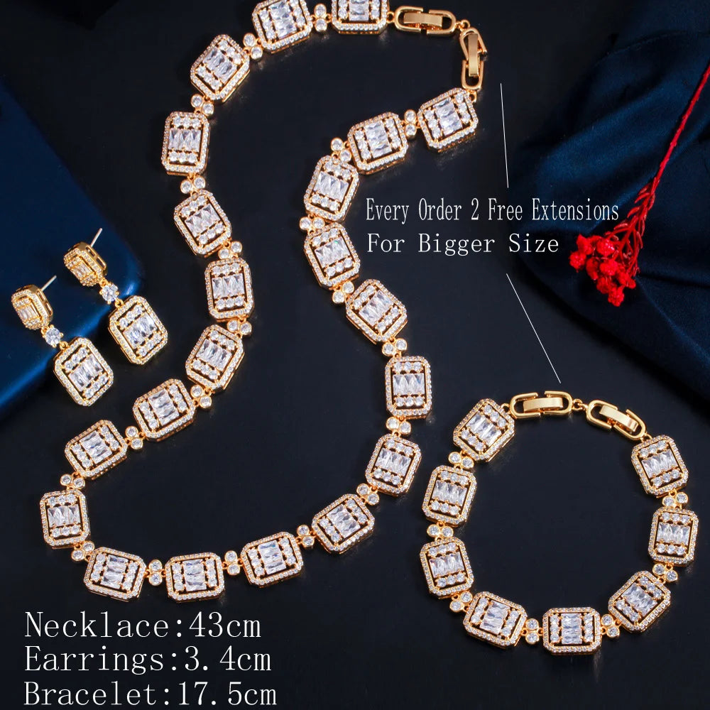 2022 High Quality 3pcs 18k Gold Plated African Nigerian Cubic Zircon Square Party Necklace Earrings Bridal Wedding Jewelry Set