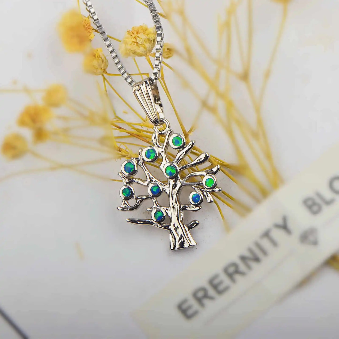 Copper Opal Tree Life Blue Tiny Pendant Flower Sweater Chain Women's Gift Silver Plated TikTok Ins Trendy Jewelry